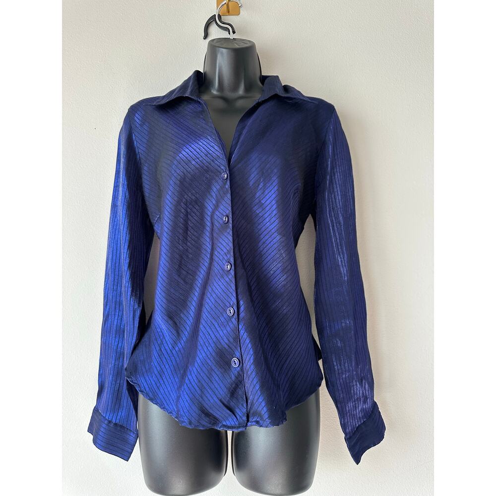 Vintage Y2K Blue Shiny Stripe Button Front Blouse Top Size M Y2K Style Button Uo